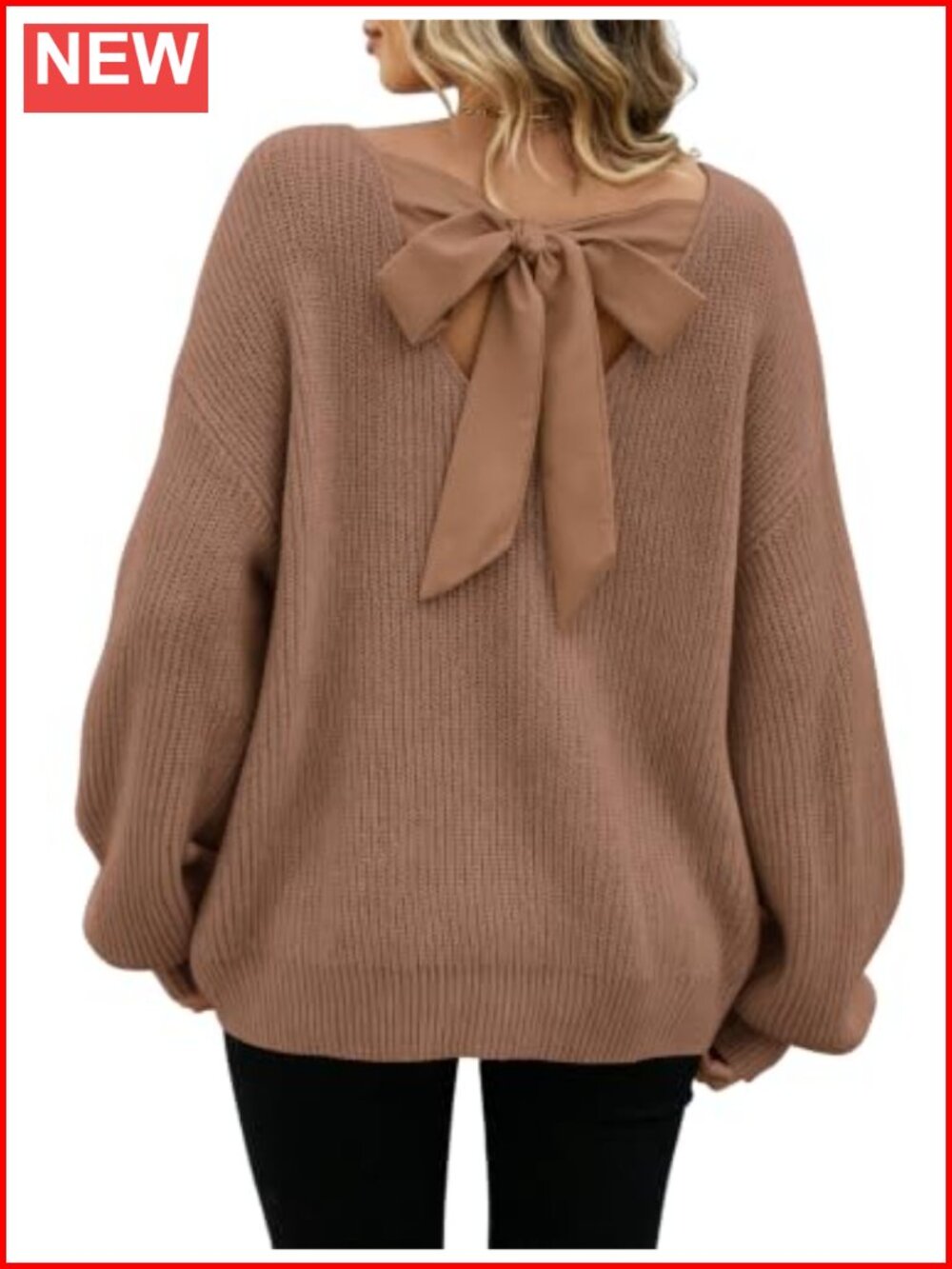 Chunky Knit Bow Back Sweater Long Sleeve Crew Neck Pullover